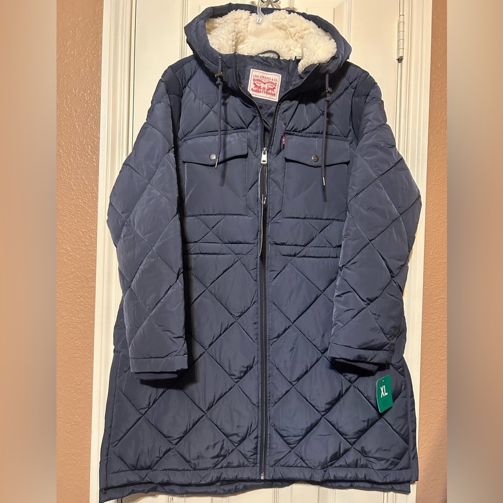 Levi's Women's Soft Sherpa Lined Diamond Quilted Long Parka Jacket XL NWT - Picture 4 of 10